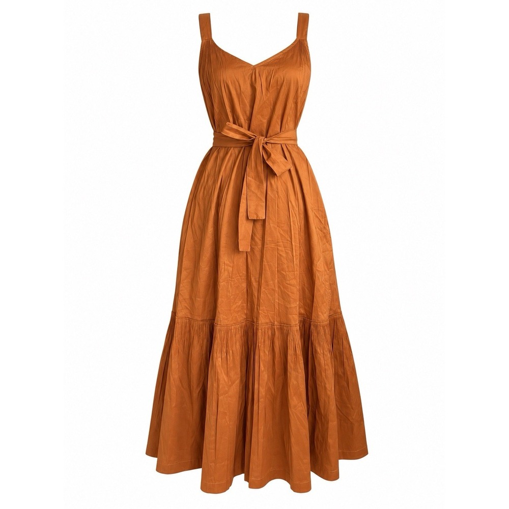 Cotelac Pleated Tie Waist Rust Brown Midi Dress Boho Earthy Rustic Cottagecore 0